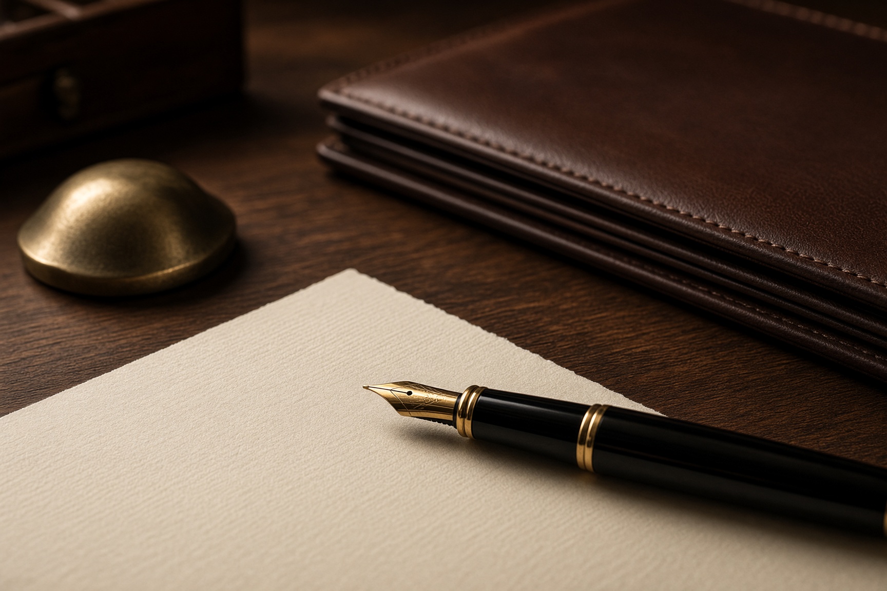 A fountain pen and leather portfolio on a walnut desk