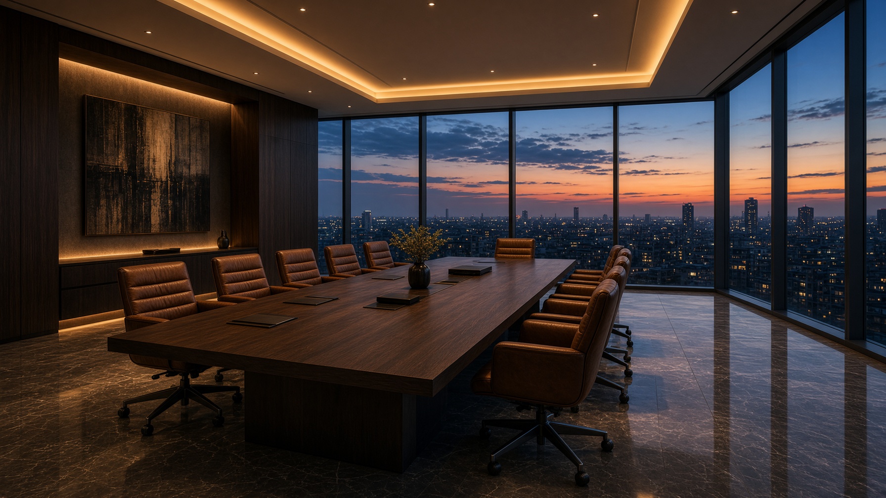 A quiet executive boardroom at dusk