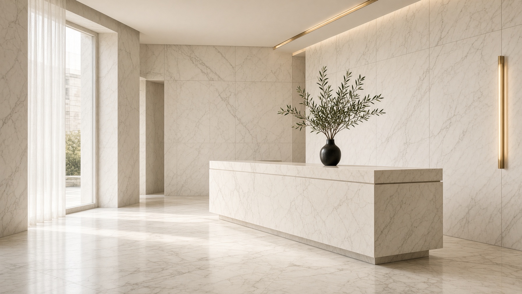 Cream marble lobby of a quiet professional firm