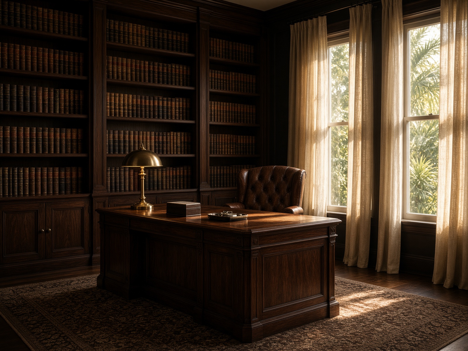 A private study with walnut bookshelves